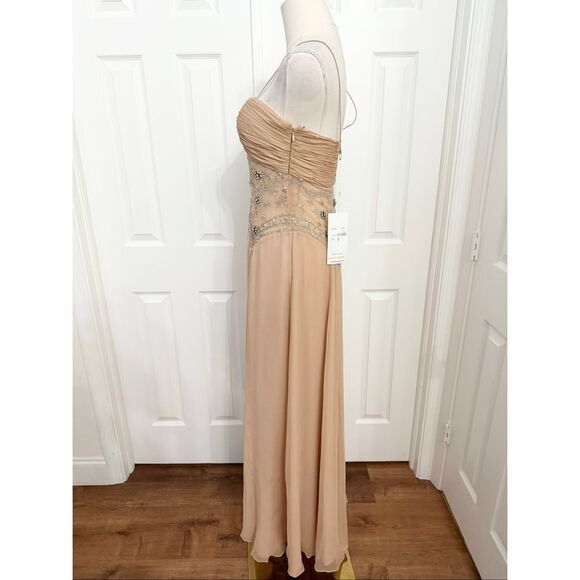 Basix II Nude Illusion Peach Silk Chiffon Beaded Jeweled Maxi Evening Gown 2 NWT - Picture 4 of 12